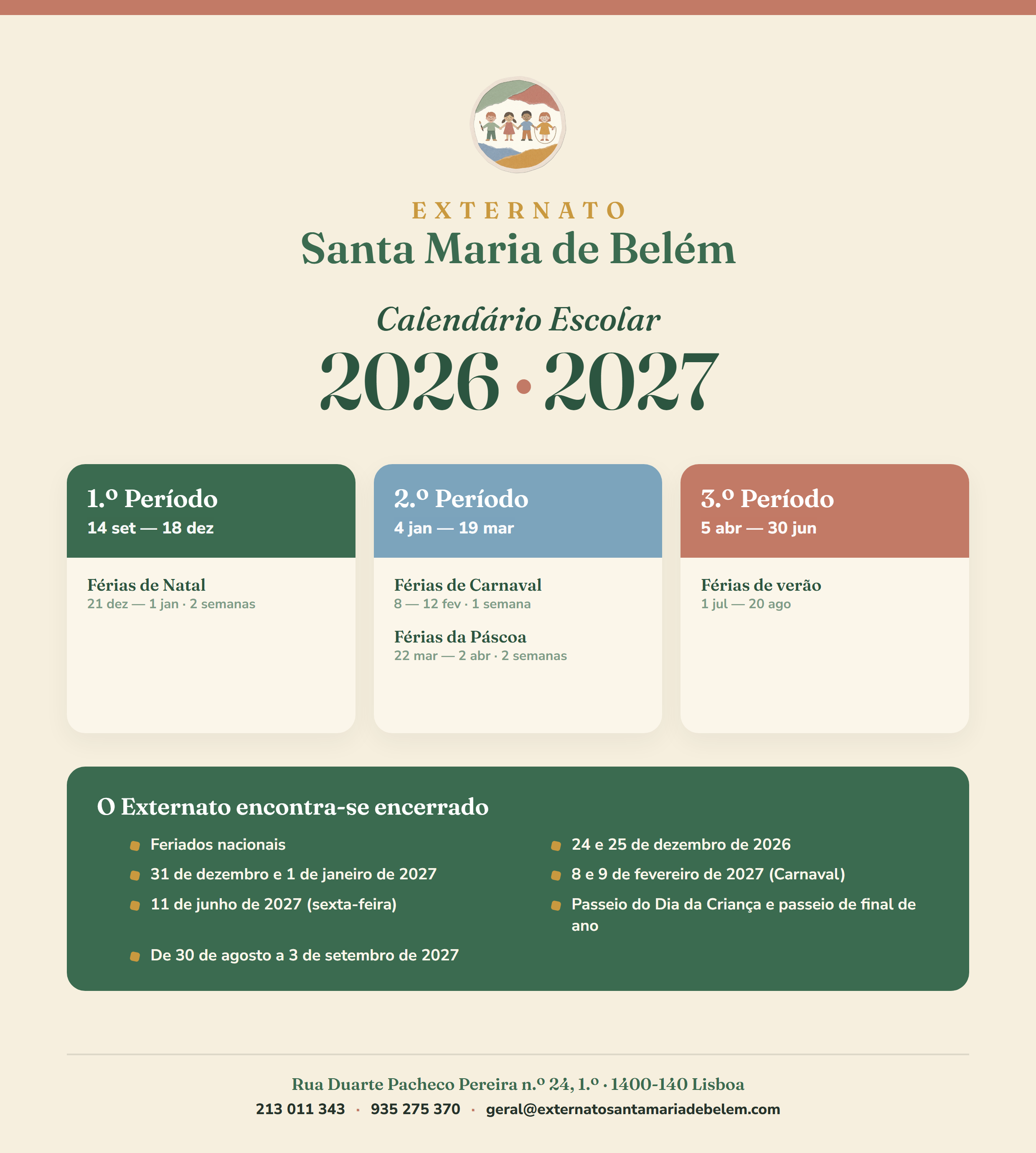 Calendário escolar 2026/2027 do Externato Santa Maria de Belém
