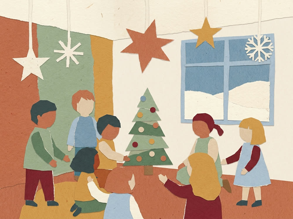 Ilustração: crianças a decorar a árvore de Natal