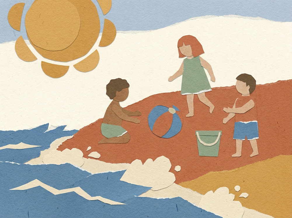 Ilustração: crianças a construir um castelo de areia na praia