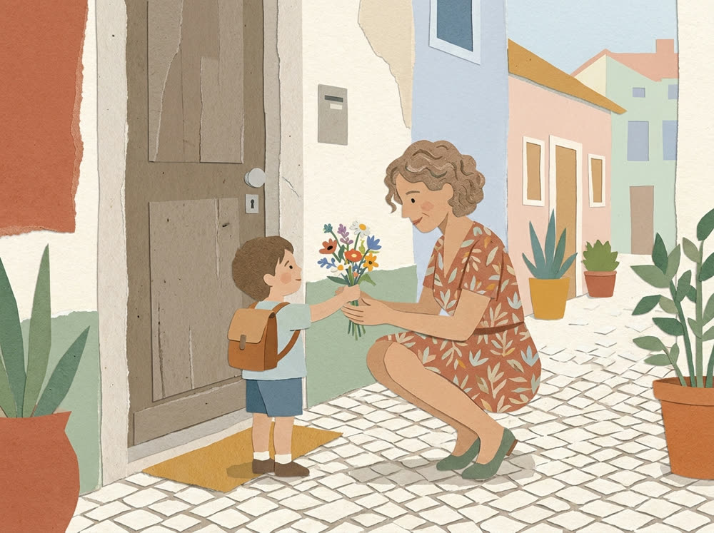 Ilustração: a educadora a receber uma criança à porta da escola de manhã