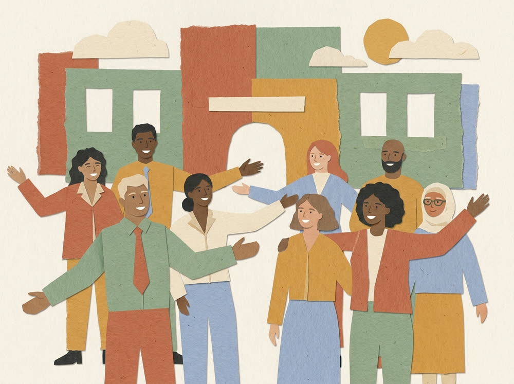 Ilustração: a equipa da escola, de braços abertos
