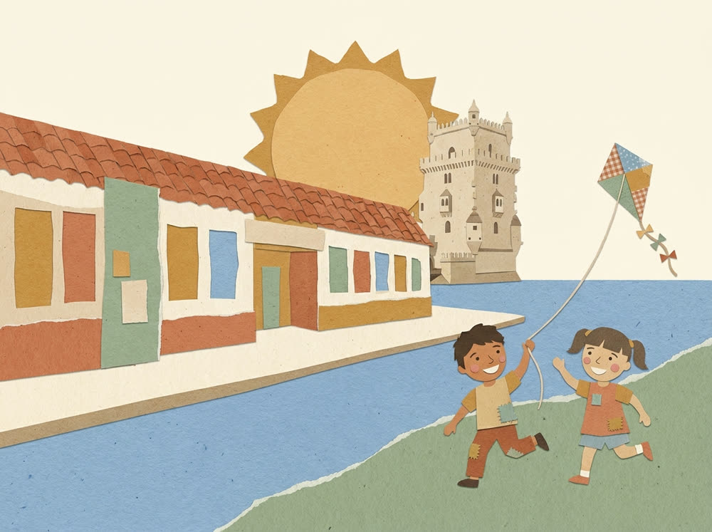 Ilustração: o externato em Belém de porta aberta, crianças a brincar no pátio e a Torre de Belém ao fundo