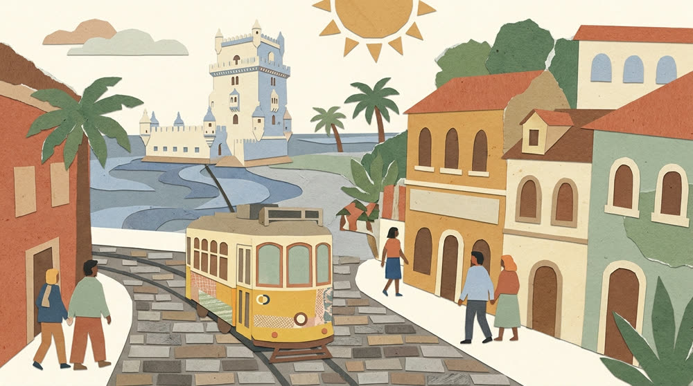 Ilustração: rua antiga de Belém com o elétrico amarelo, a Torre de Belém ao fundo e uma família a chegar à porta da escola