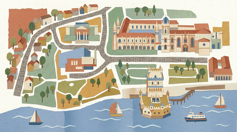 Ilustração: mapa do bairro de Belém com a escola ao centro, os Jerónimos, o elétrico, a Torre de Belém e o rio