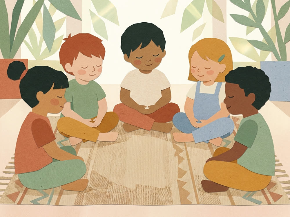 Ilustração: crianças sentadas em círculo em meditação mindfulness
