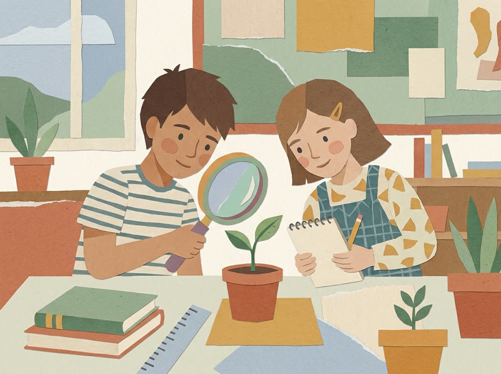 Ilustração: dois alunos a observar uma plântula com uma lupa e a tomar notas