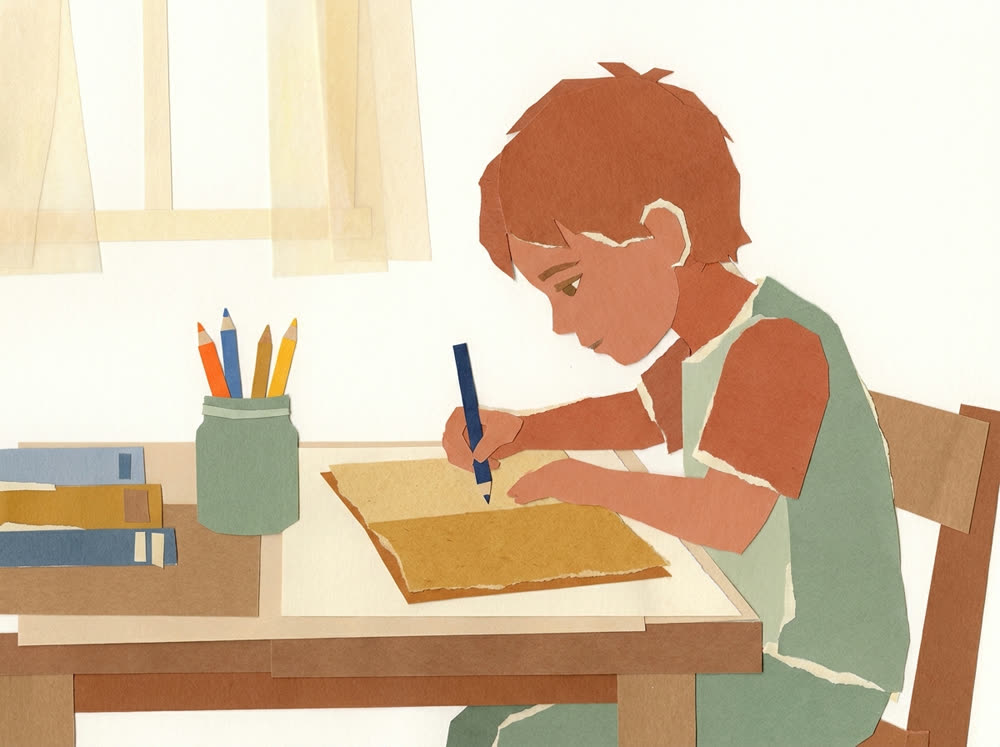 Ilustração: aluno do 1.º ciclo concentrado a escrever no caderno